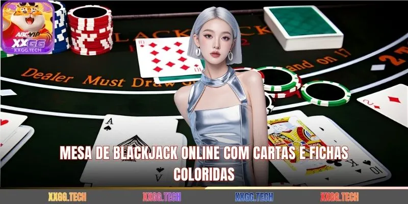 Mesa de blackjack online com cartas e fichas coloridas